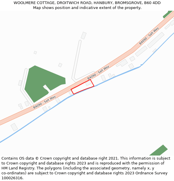 WOOLMERE COTTAGE, DROITWICH ROAD, HANBURY, BROMSGROVE, B60 4DD: Location map and indicative extent of plot