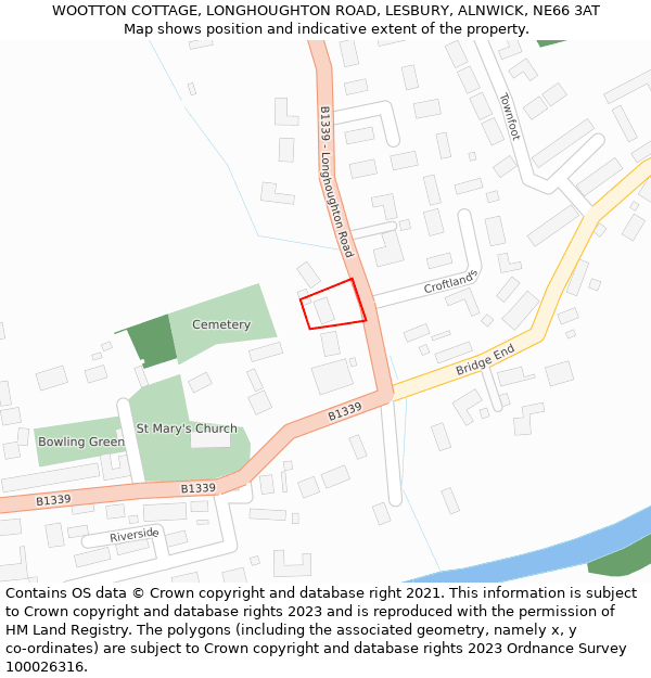 WOOTTON COTTAGE, LONGHOUGHTON ROAD, LESBURY, ALNWICK, NE66 3AT: Location map and indicative extent of plot