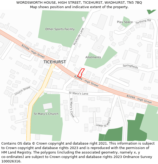 WORDSWORTH HOUSE, HIGH STREET, TICEHURST, WADHURST, TN5 7BQ: Location map and indicative extent of plot