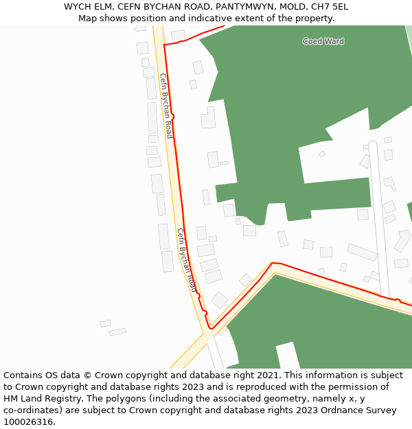 WYCH ELM, CEFN BYCHAN ROAD, PANTYMWYN, MOLD, CH7 5EL: Location map and indicative extent of plot