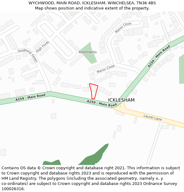 WYCHWOOD, MAIN ROAD, ICKLESHAM, WINCHELSEA, TN36 4BS: Location map and indicative extent of plot