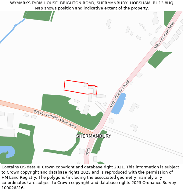 WYMARKS FARM HOUSE, BRIGHTON ROAD, SHERMANBURY, HORSHAM, RH13 8HQ: Location map and indicative extent of plot