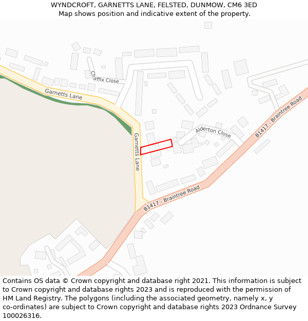 WYNDCROFT, GARNETTS LANE, FELSTED, DUNMOW, CM6 3ED: Location map and indicative extent of plot