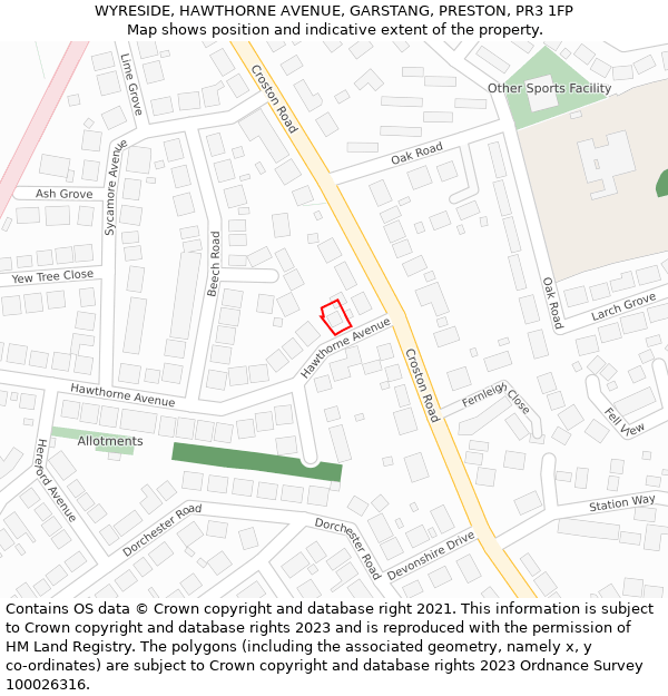 WYRESIDE, HAWTHORNE AVENUE, GARSTANG, PRESTON, PR3 1FP: Location map and indicative extent of plot