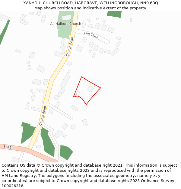 XANADU, CHURCH ROAD, HARGRAVE, WELLINGBOROUGH, NN9 6BQ: Location map and indicative extent of plot