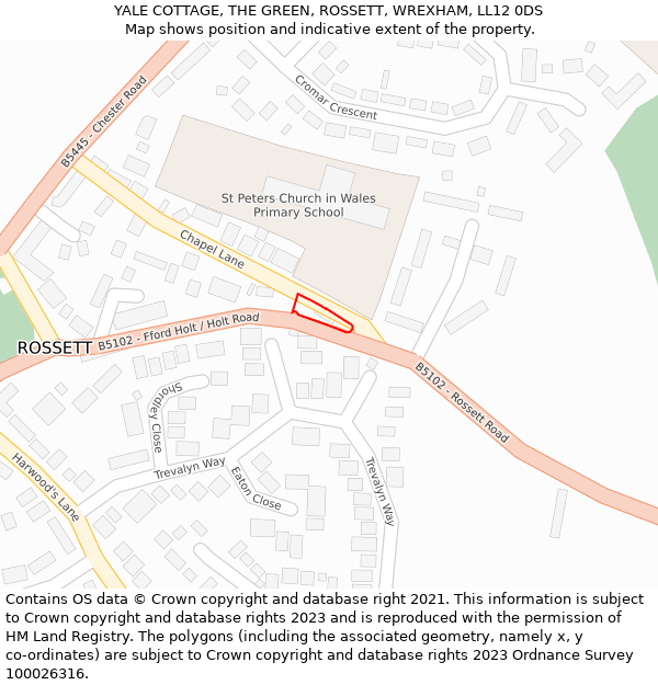 YALE COTTAGE, THE GREEN, ROSSETT, WREXHAM, LL12 0DS: Location map and indicative extent of plot