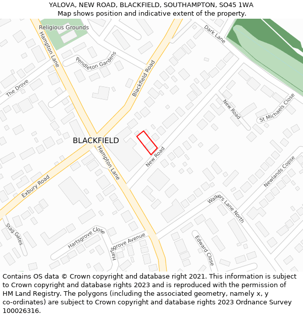 YALOVA, NEW ROAD, BLACKFIELD, SOUTHAMPTON, SO45 1WA: Location map and indicative extent of plot