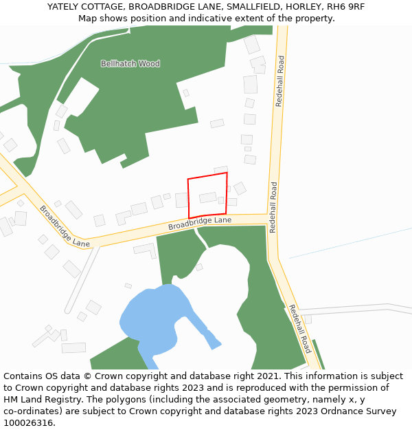 YATELY COTTAGE, BROADBRIDGE LANE, SMALLFIELD, HORLEY, RH6 9RF: Location map and indicative extent of plot