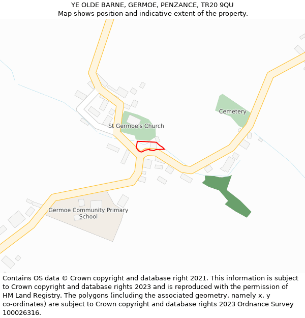 YE OLDE BARNE, GERMOE, PENZANCE, TR20 9QU: Location map and indicative extent of plot