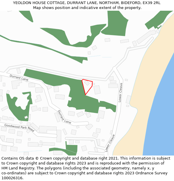 YEOLDON HOUSE COTTAGE, DURRANT LANE, NORTHAM, BIDEFORD, EX39 2RL: Location map and indicative extent of plot