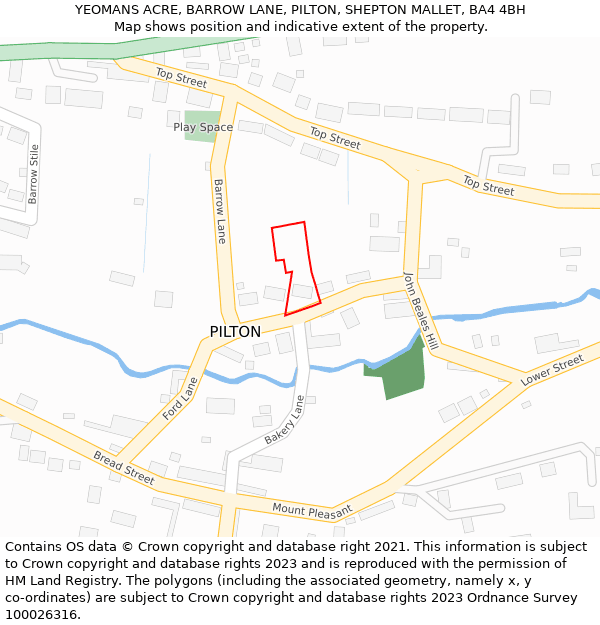 YEOMANS ACRE, BARROW LANE, PILTON, SHEPTON MALLET, BA4 4BH: Location map and indicative extent of plot