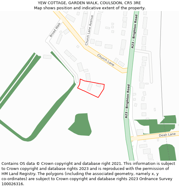 YEW COTTAGE, GARDEN WALK, COULSDON, CR5 3RE: Location map and indicative extent of plot