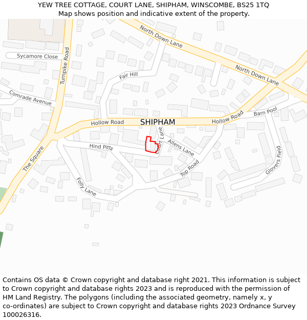 YEW TREE COTTAGE, COURT LANE, SHIPHAM, WINSCOMBE, BS25 1TQ: Location map and indicative extent of plot