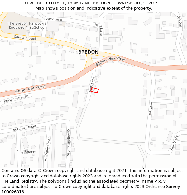 YEW TREE COTTAGE, FARM LANE, BREDON, TEWKESBURY, GL20 7HF: Location map and indicative extent of plot