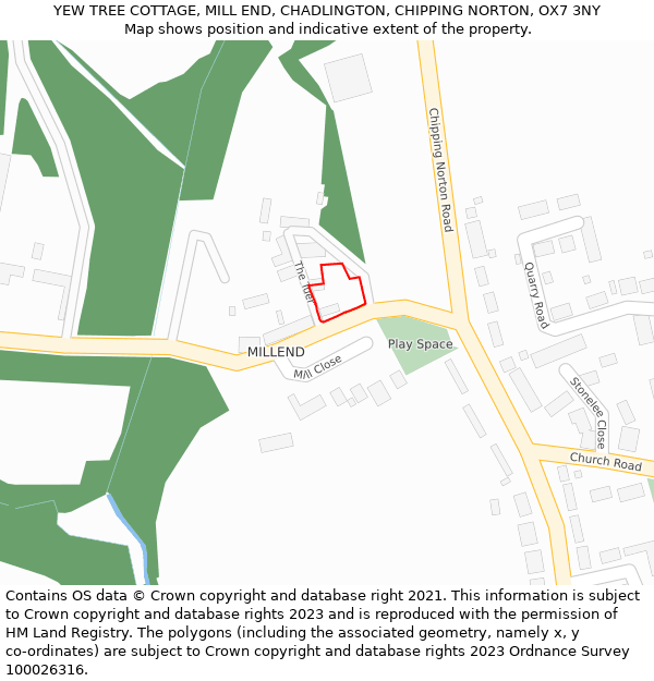 YEW TREE COTTAGE, MILL END, CHADLINGTON, CHIPPING NORTON, OX7 3NY: Location map and indicative extent of plot