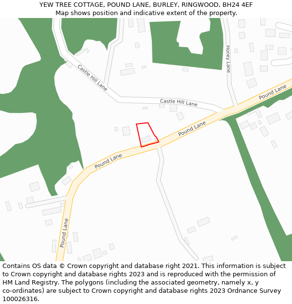 YEW TREE COTTAGE, POUND LANE, BURLEY, RINGWOOD, BH24 4EF: Location map and indicative extent of plot