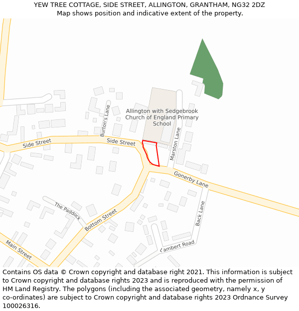 YEW TREE COTTAGE, SIDE STREET, ALLINGTON, GRANTHAM, NG32 2DZ: Location map and indicative extent of plot