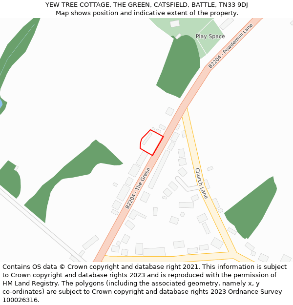 YEW TREE COTTAGE, THE GREEN, CATSFIELD, BATTLE, TN33 9DJ: Location map and indicative extent of plot