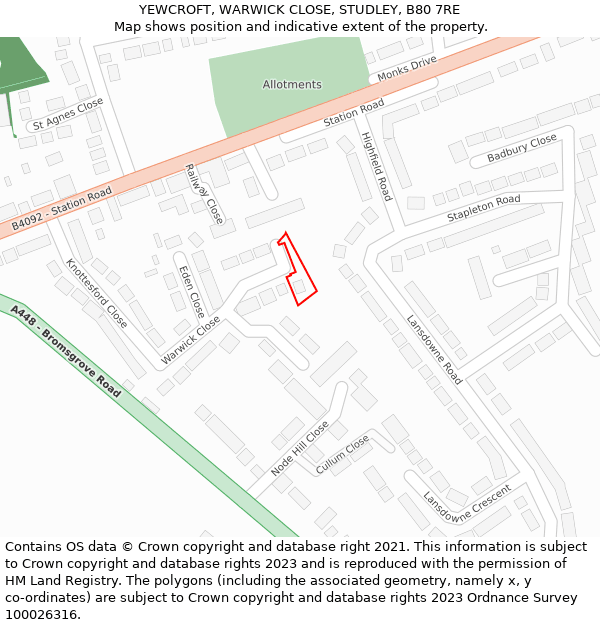 YEWCROFT, WARWICK CLOSE, STUDLEY, B80 7RE: Location map and indicative extent of plot