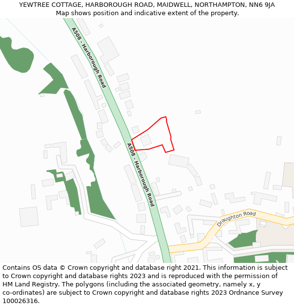 YEWTREE COTTAGE, HARBOROUGH ROAD, MAIDWELL, NORTHAMPTON, NN6 9JA: Location map and indicative extent of plot