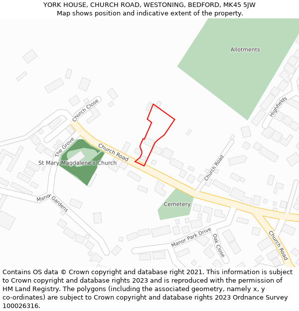 YORK HOUSE, CHURCH ROAD, WESTONING, BEDFORD, MK45 5JW: Location map and indicative extent of plot