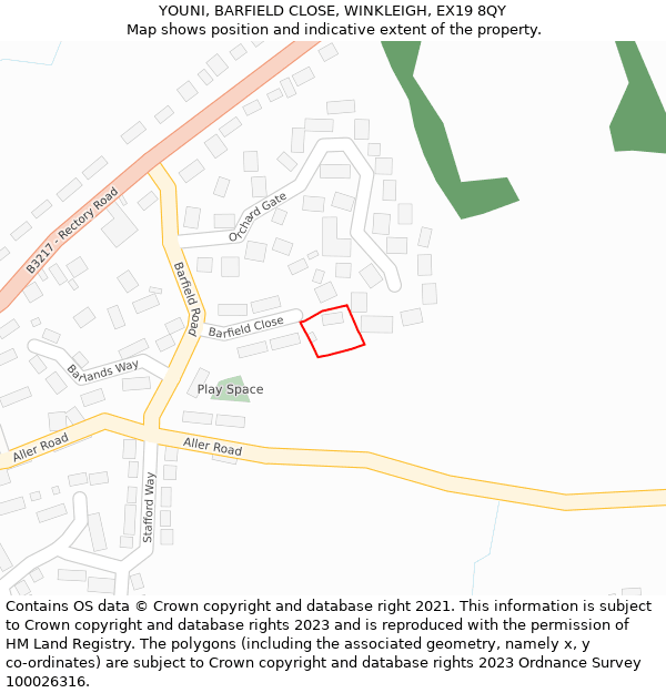 YOUNI, BARFIELD CLOSE, WINKLEIGH, EX19 8QY: Location map and indicative extent of plot