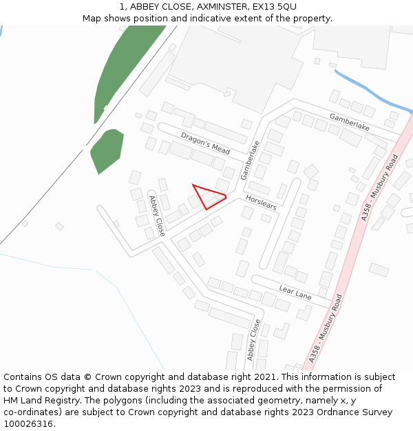 1, ABBEY CLOSE, AXMINSTER, EX13 5QU: Location map and indicative extent of plot