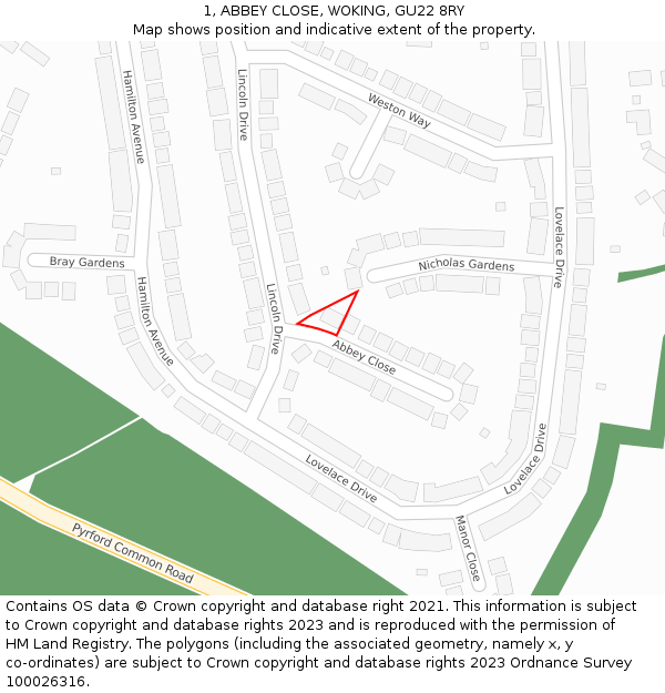 1, ABBEY CLOSE, WOKING, GU22 8RY: Location map and indicative extent of plot