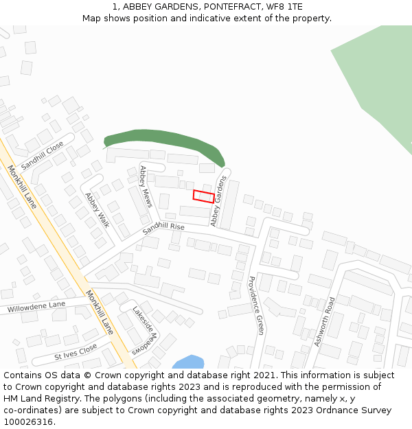 1, ABBEY GARDENS, PONTEFRACT, WF8 1TE: Location map and indicative extent of plot