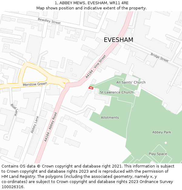 1, ABBEY MEWS, EVESHAM, WR11 4RE: Location map and indicative extent of plot