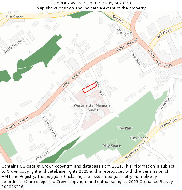 1, ABBEY WALK, SHAFTESBURY, SP7 8BB: Location map and indicative extent of plot