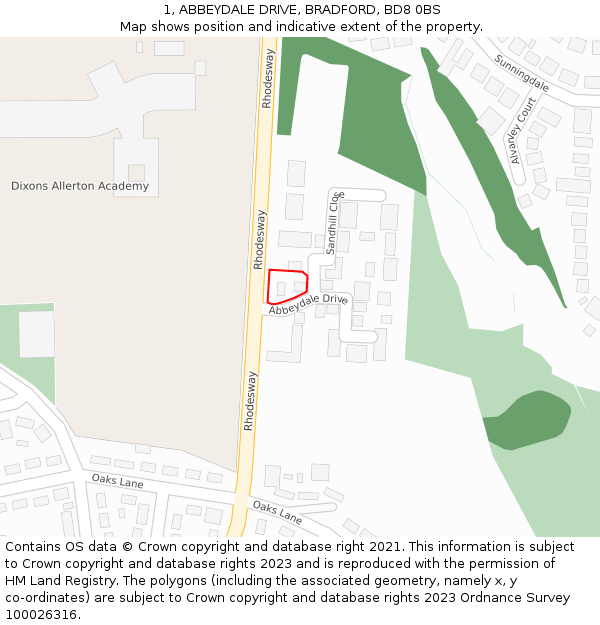 1, ABBEYDALE DRIVE, BRADFORD, BD8 0BS: Location map and indicative extent of plot