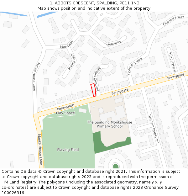 1, ABBOTS CRESCENT, SPALDING, PE11 1NB: Location map and indicative extent of plot