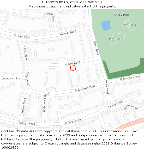 1, ABBOTS ROAD, PERSHORE, WR10 1LL: Location map and indicative extent of plot
