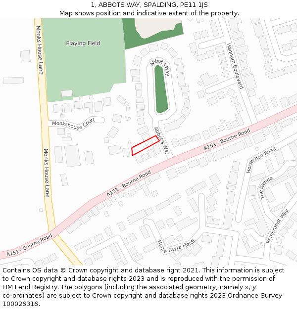 1, ABBOTS WAY, SPALDING, PE11 1JS: Location map and indicative extent of plot