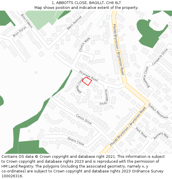 1, ABBOTTS CLOSE, BAGILLT, CH6 6LT: Location map and indicative extent of plot