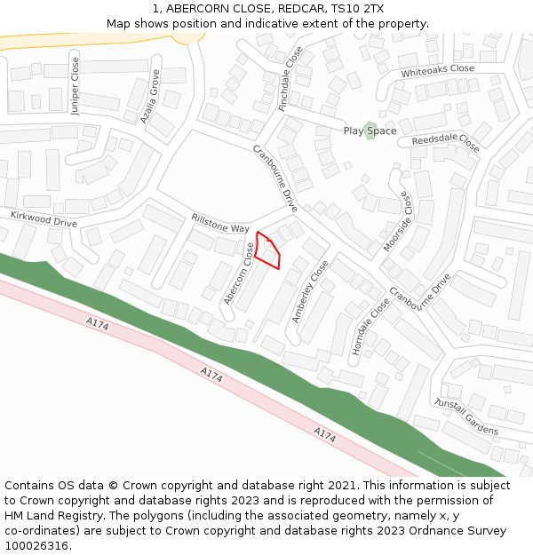 1, ABERCORN CLOSE, REDCAR, TS10 2TX: Location map and indicative extent of plot