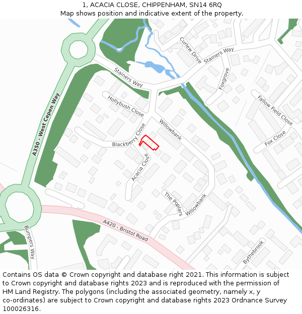 1, ACACIA CLOSE, CHIPPENHAM, SN14 6RQ: Location map and indicative extent of plot