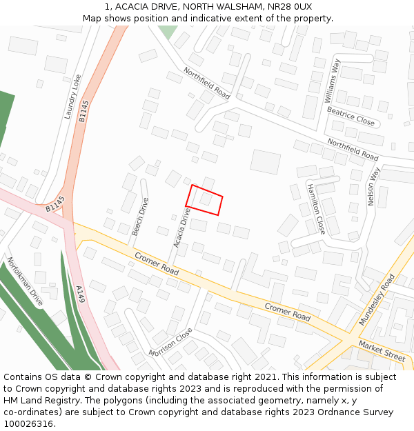 1, ACACIA DRIVE, NORTH WALSHAM, NR28 0UX: Location map and indicative extent of plot