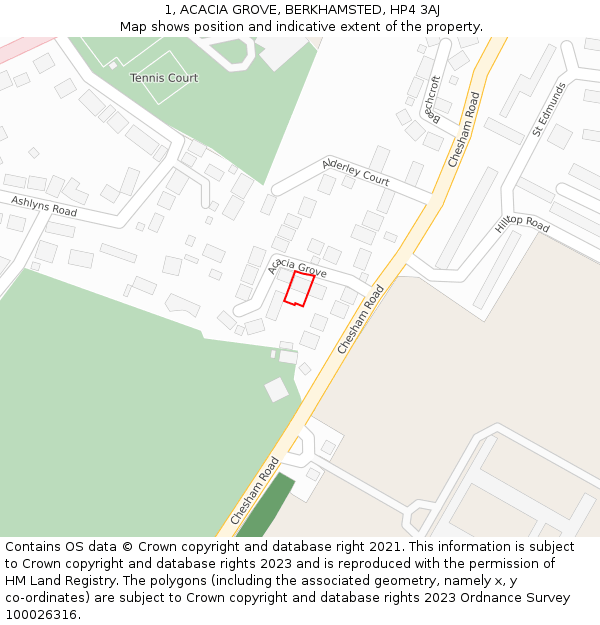 1, ACACIA GROVE, BERKHAMSTED, HP4 3AJ: Location map and indicative extent of plot