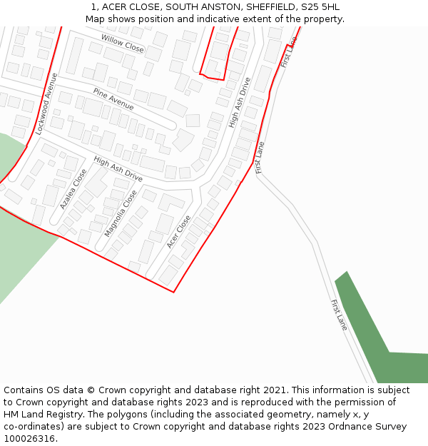 1, ACER CLOSE, SOUTH ANSTON, SHEFFIELD, S25 5HL: Location map and indicative extent of plot