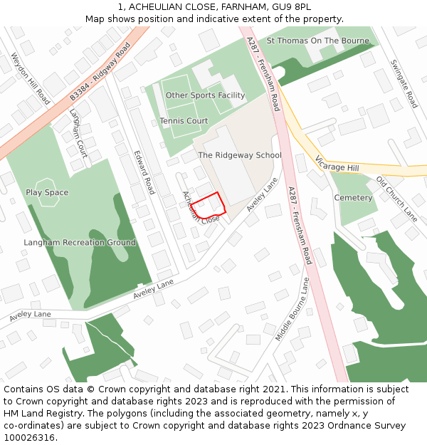 1, ACHEULIAN CLOSE, FARNHAM, GU9 8PL: Location map and indicative extent of plot