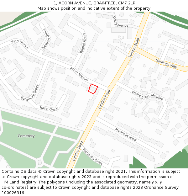 1, ACORN AVENUE, BRAINTREE, CM7 2LP: Location map and indicative extent of plot