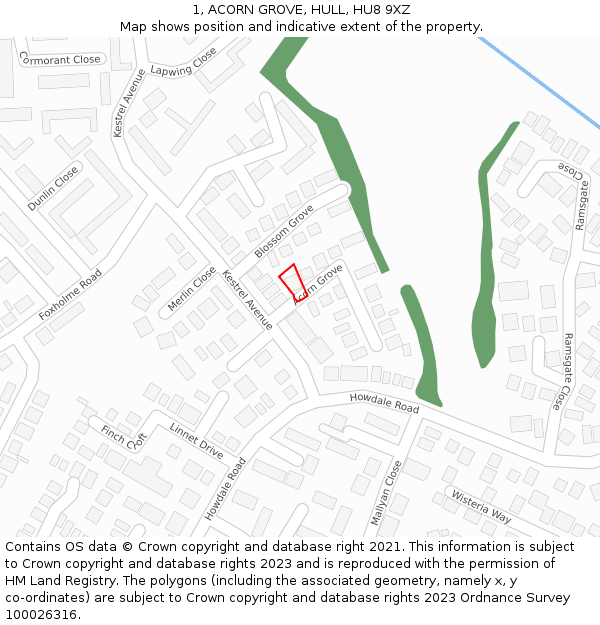 1, ACORN GROVE, HULL, HU8 9XZ: Location map and indicative extent of plot