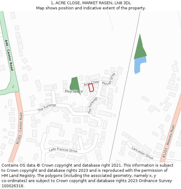 1, ACRE CLOSE, MARKET RASEN, LN8 3DL: Location map and indicative extent of plot