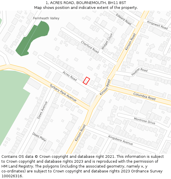 1, ACRES ROAD, BOURNEMOUTH, BH11 8ST: Location map and indicative extent of plot