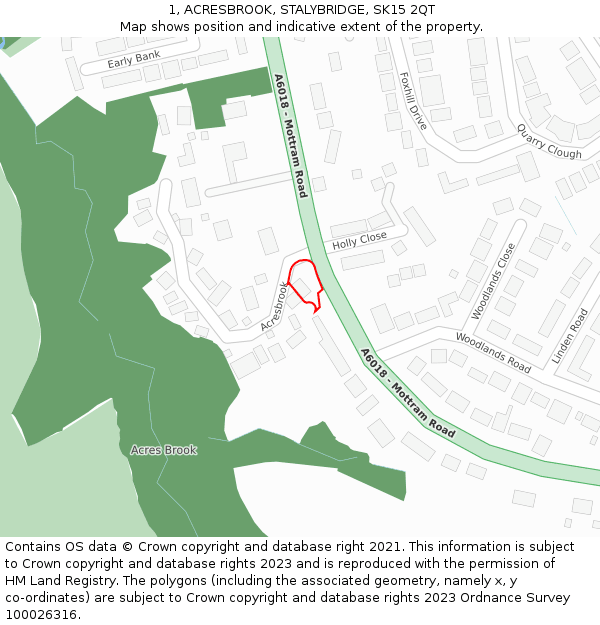 1, ACRESBROOK, STALYBRIDGE, SK15 2QT: Location map and indicative extent of plot