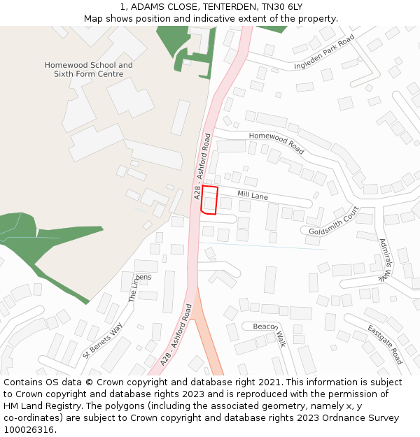 1, ADAMS CLOSE, TENTERDEN, TN30 6LY: Location map and indicative extent of plot