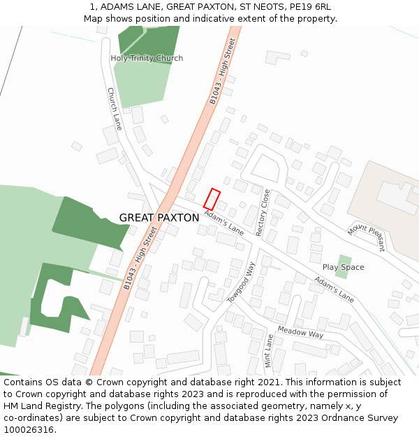 1, ADAMS LANE, GREAT PAXTON, ST NEOTS, PE19 6RL: Location map and indicative extent of plot