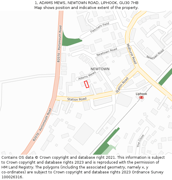 1, ADAMS MEWS, NEWTOWN ROAD, LIPHOOK, GU30 7HB: Location map and indicative extent of plot